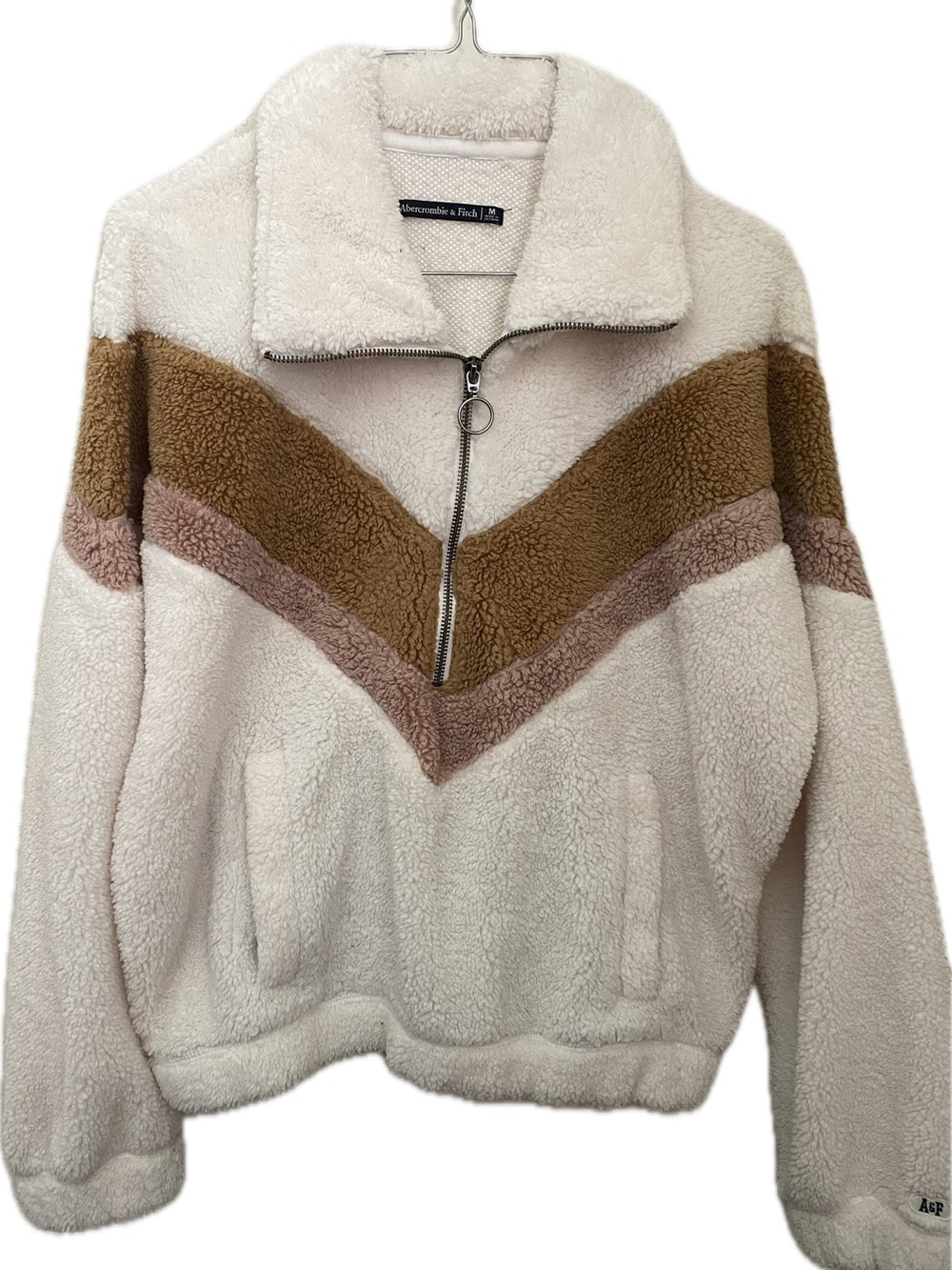 Abercrombie & Fitch Cream Sherpa Pullover with Brown & Taupe Chevron